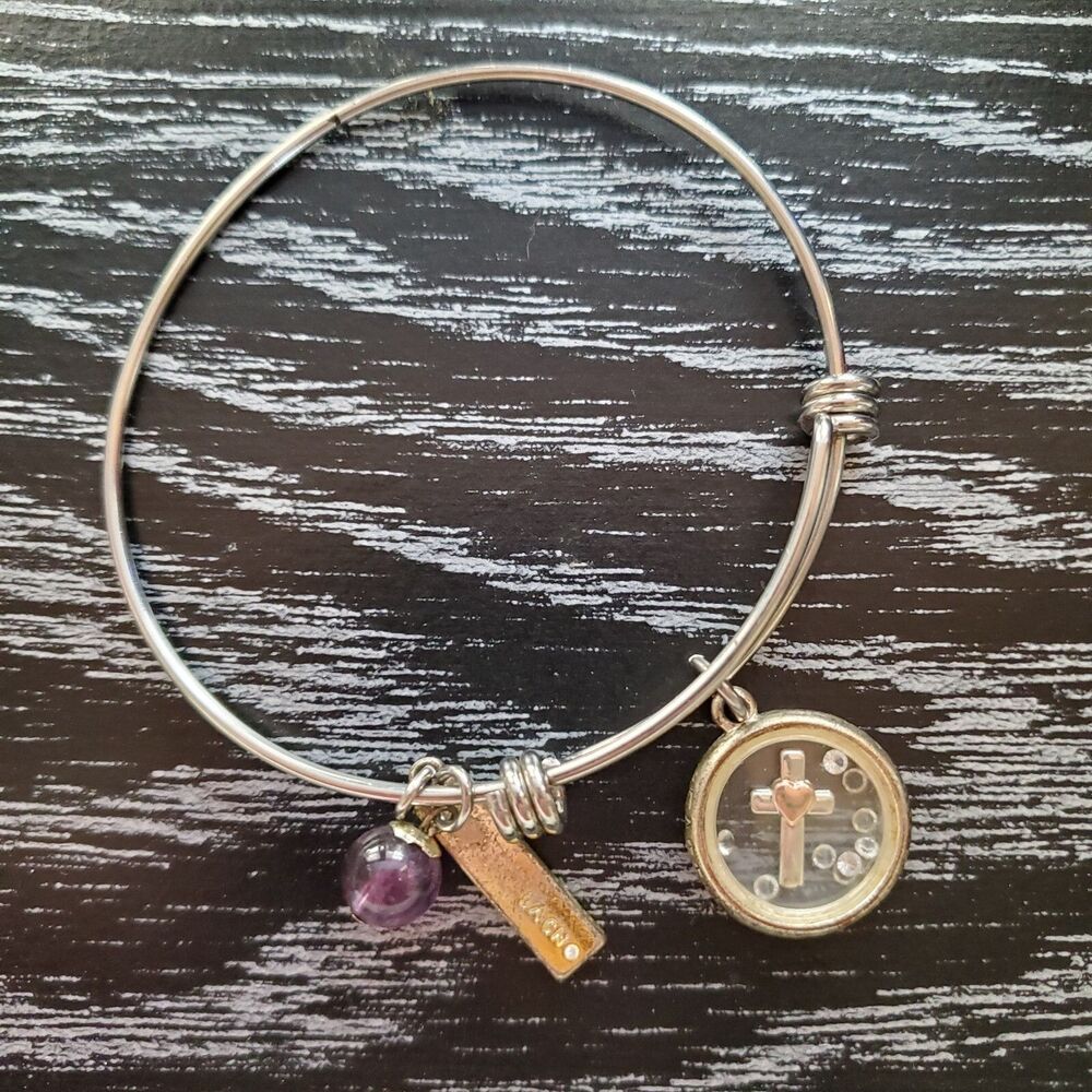 LACN Charm Bangle Bracelet Silvertone Floating Cross Heart Faith Amethyst